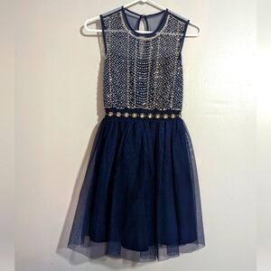 As U Wish Navy Blue Sequined Fit And Flare Tulle Mini Dress Size XS